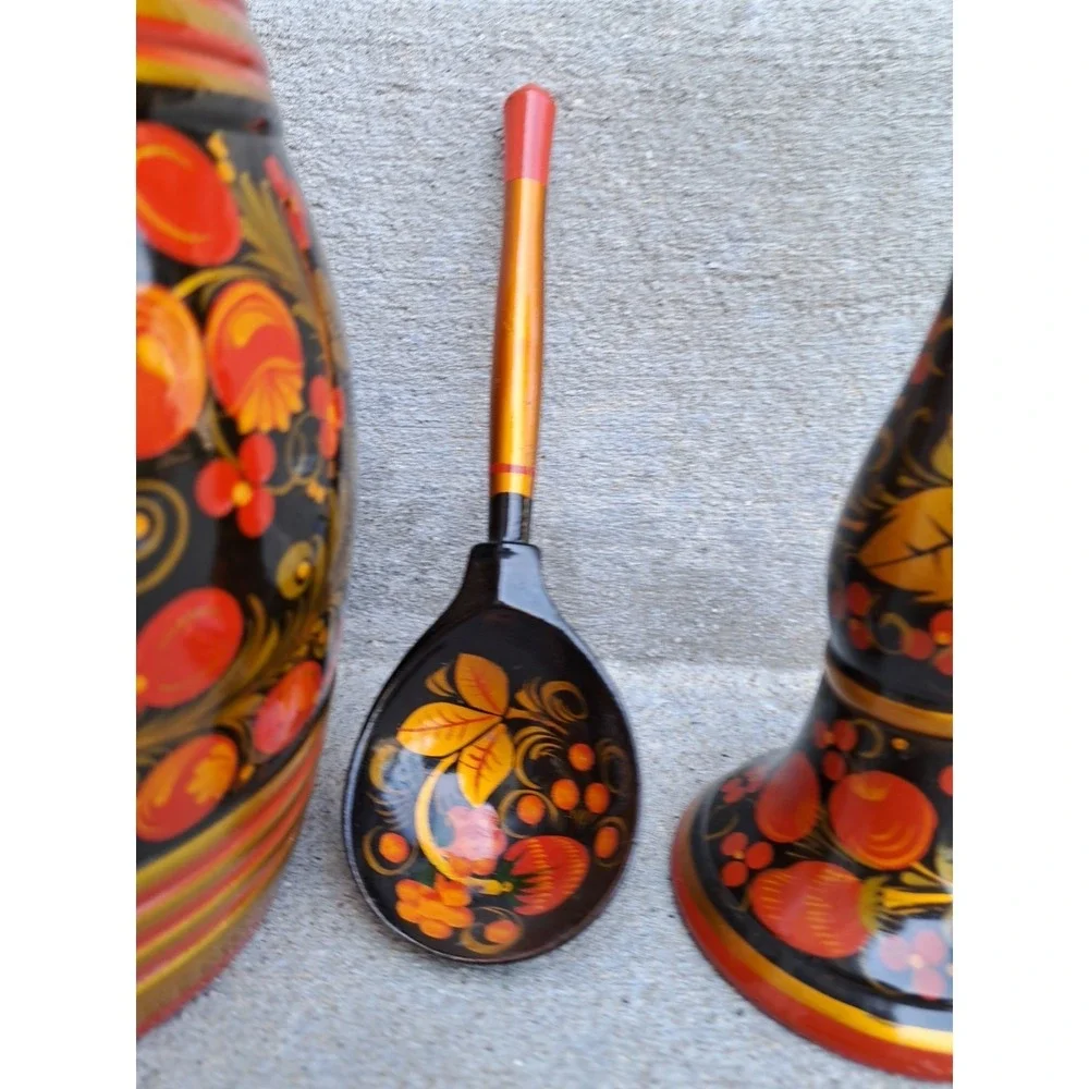 Russian Hand Painted Khokhloma Wooden Food Container Spoon Candle Holder
